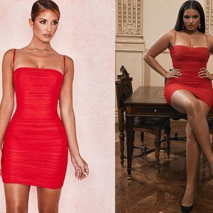 House of CB ‘Ella’ Red Gathered Mesh Mini Dress NWOT